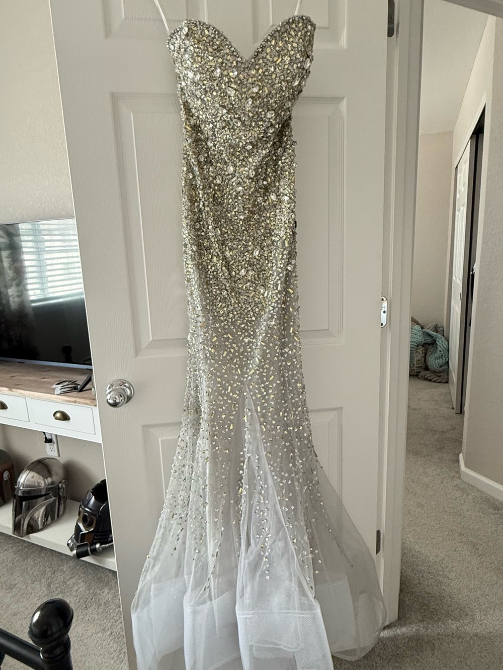 Terani Couture Strapless Silver Sequin Mermaid Gown
